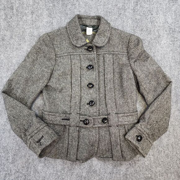 J Crew Jacket Womens 2 Gray Herringbone Wool Norfolk Belted Casual Career Coat - Picture 1 of 15
